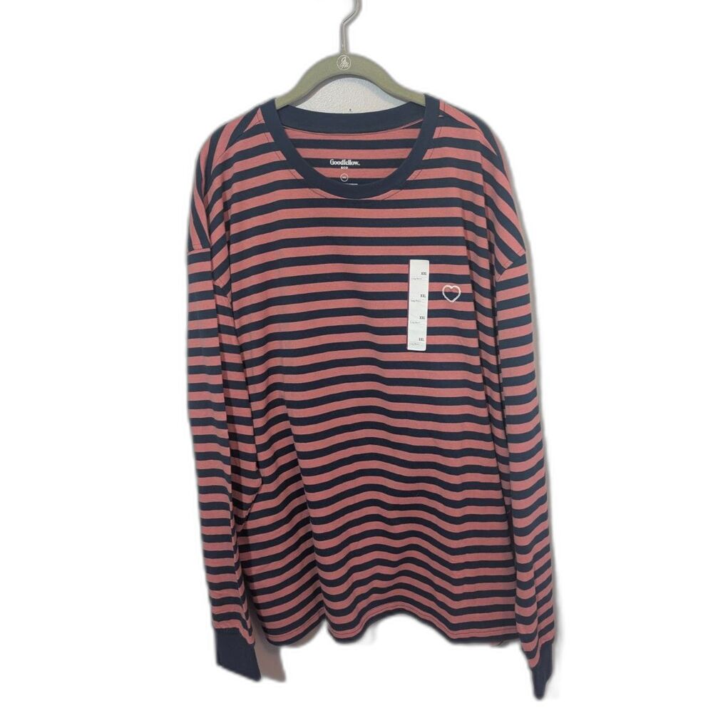Goodfellow & Co Men's Striped Long Sleeve Heart Embroidered Tee XXL Pink/Navy
